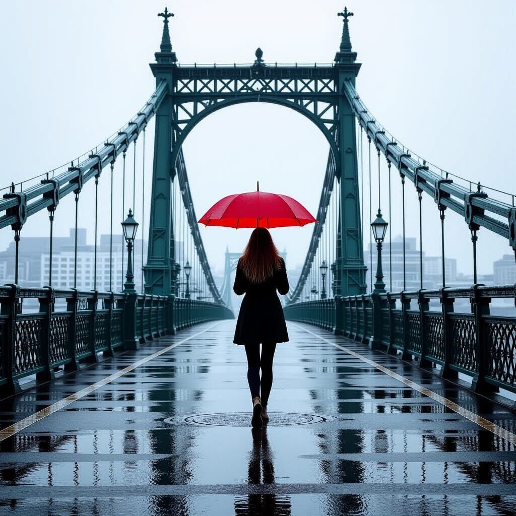 Monochrome Bridge Scene with Red Umbrella