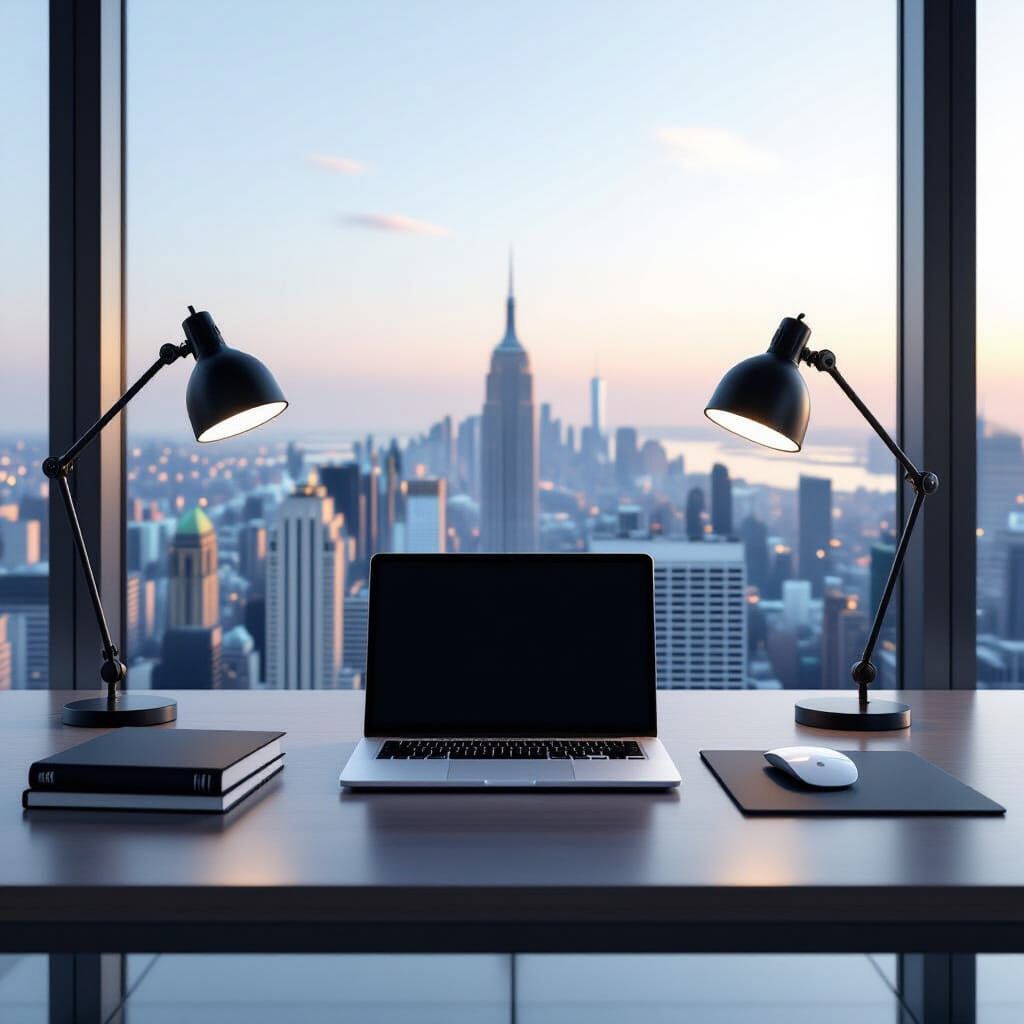 Sleek Desk Scene with City View in Photorealistic Style