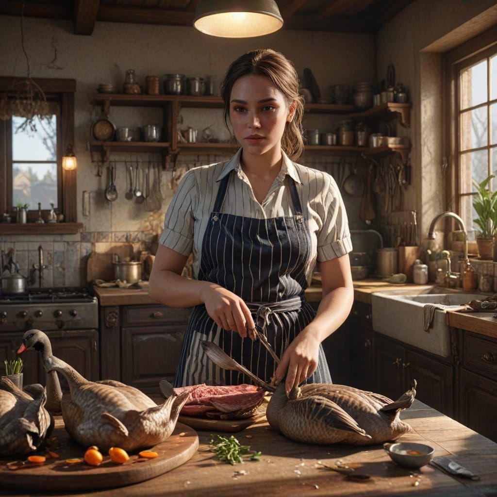 Fantasy Kitchen Scene with Woman Preparing Goose