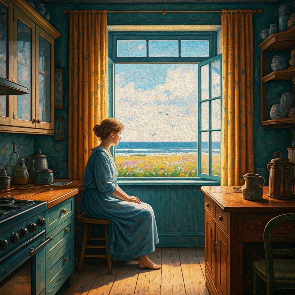 Steampunk Kitchen with Lady, Pointillist Impressionism