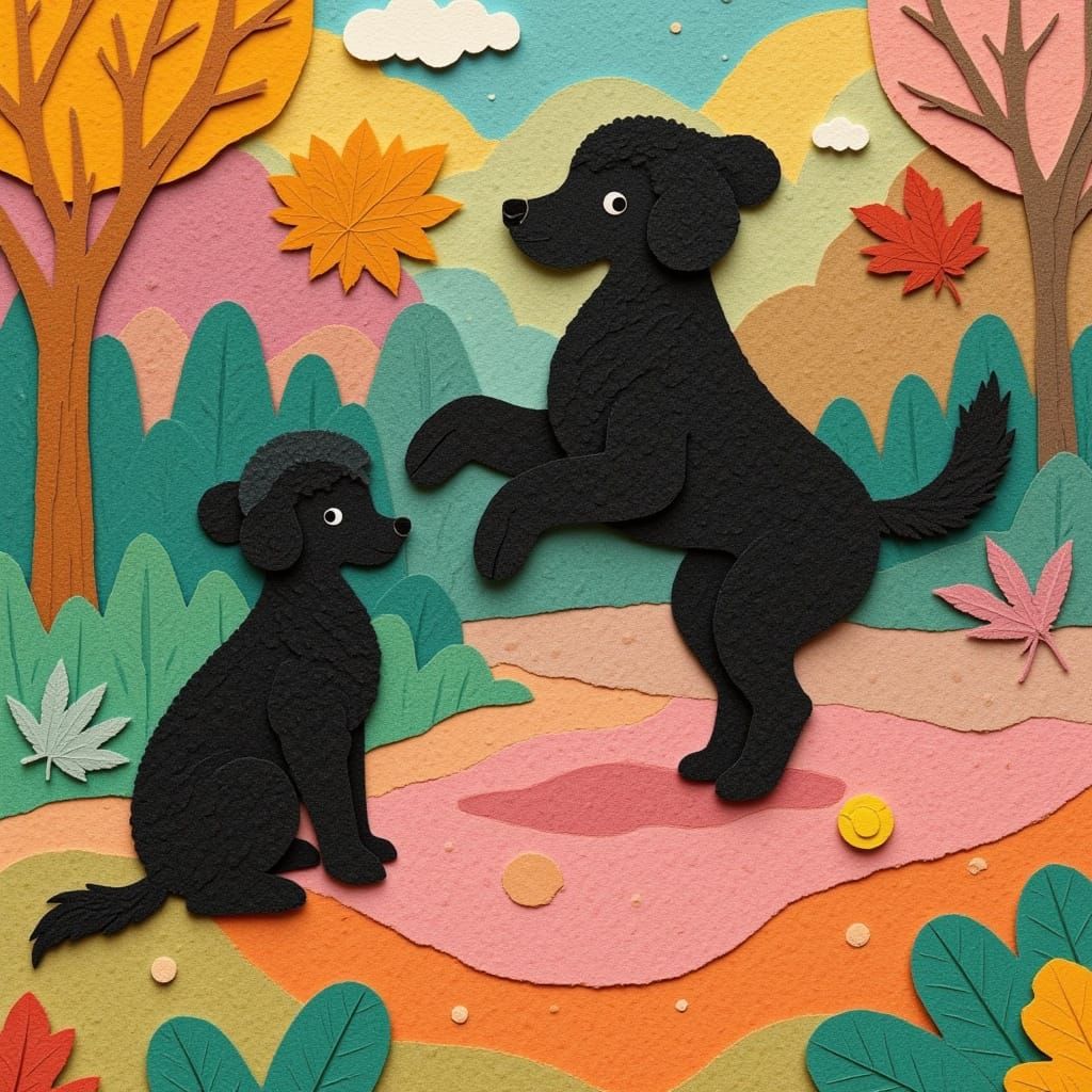 Elegant Poodles on Art Deco Court in Paper Collage