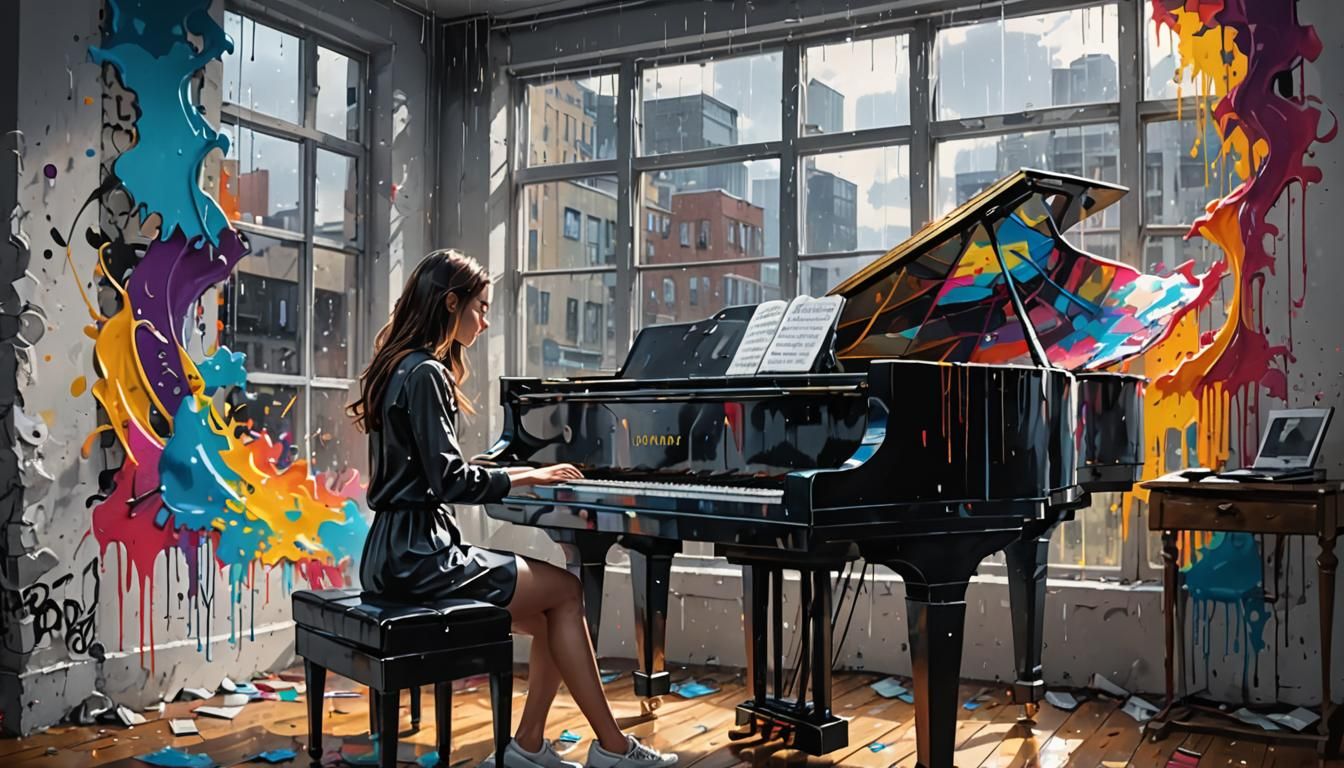 Young Woman Plays Piano: Graffiti Art Style