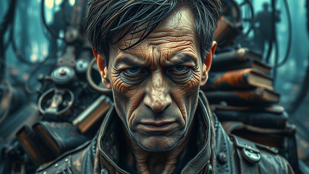 World-weary Steampunk Figure Amidst Ruins in Rich, Deep Colo...