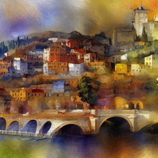 Impressionist Gouache Cityscape with Bridges
