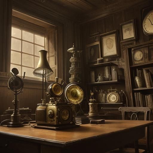 Steampunk Gramophone in Dimly Lit Study