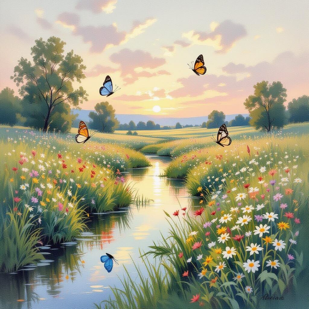 Dawn Meadow: Impressionistic Watercolor Painting