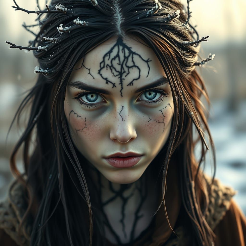 Winter Woman with Frost Adornments in Digital Painting Style