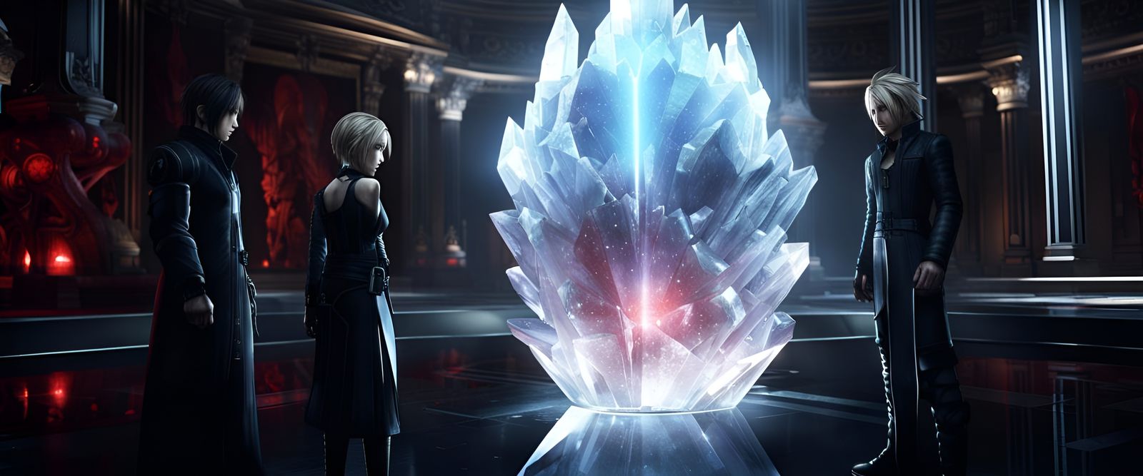 Final fantasy versus xiii, crystal geode, locked away in middle, red laser security lines mission impossible, glowing hu...