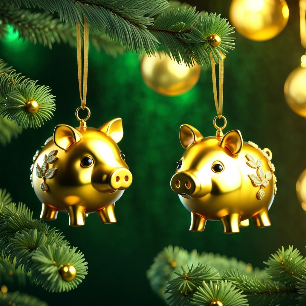Golden Glass Pigs on Christmas Tree, 3D Render