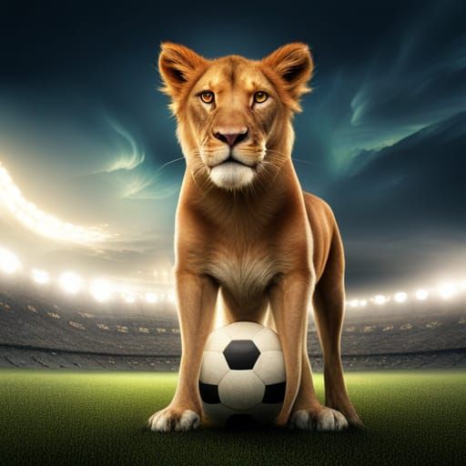 Ginger Haired Lioness Plays Soccer in Stadium