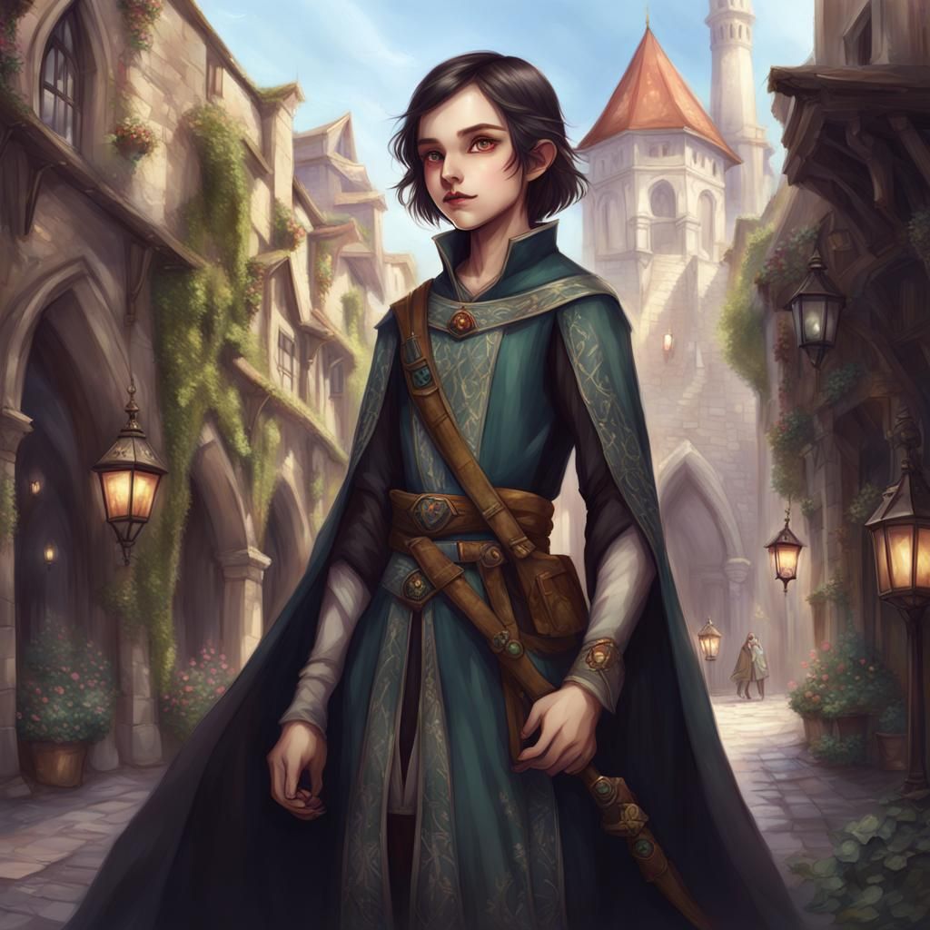 Trending On Artstation, Elf, Young teen, Female, Petite Build, Pale Skin, Teen, Dark short hair, Round Face, Wide Eyes, ...