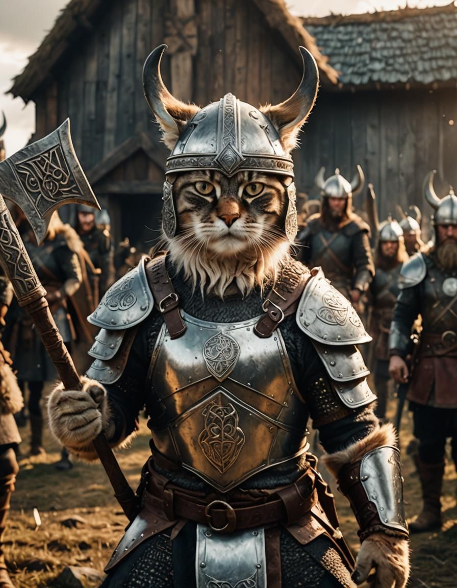 Viking Cat Warrior with Runes in Cinematic Style