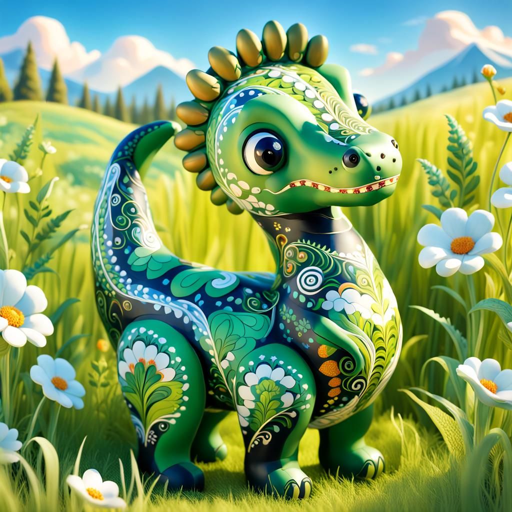 Dinosaur Doll with Khokhloma Painting in Watercolor Style