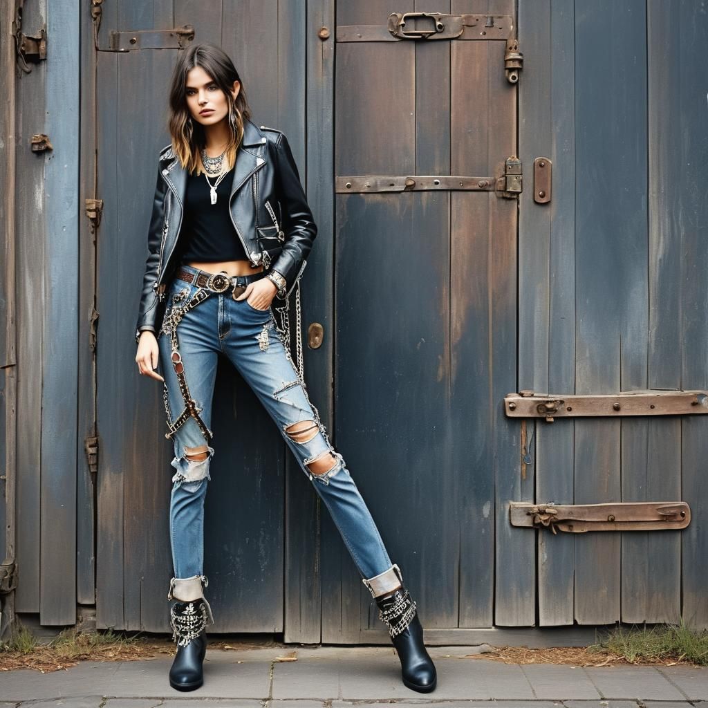 Model in Leather Jacket and Boho Jeans