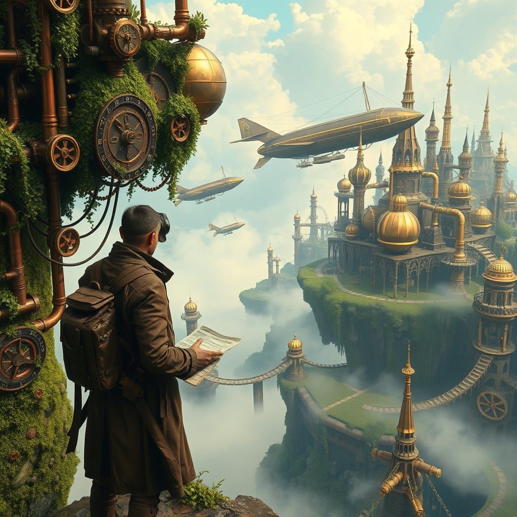 Steampunk Explorer Surveys Sky-City of Clockwork Wonder