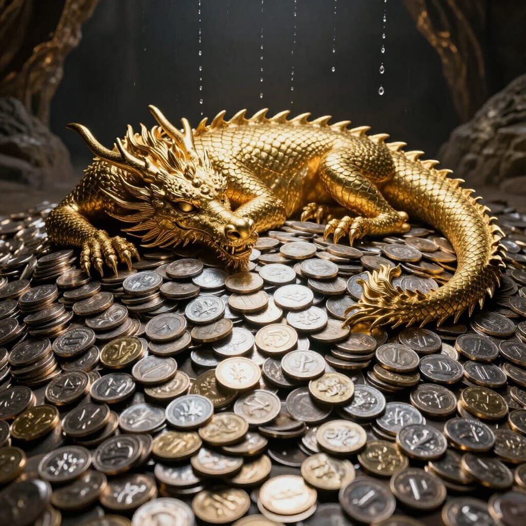 Gold Dragon Sleeps on Silver Coins in Detailed Cave