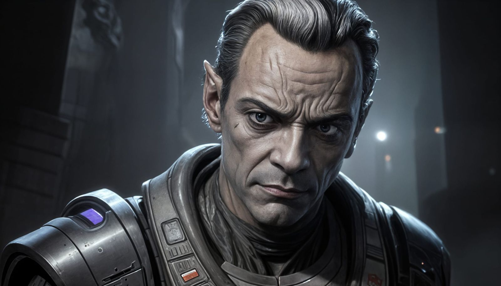 Cardassian Man Portrait in Cyberpunk Cityscape