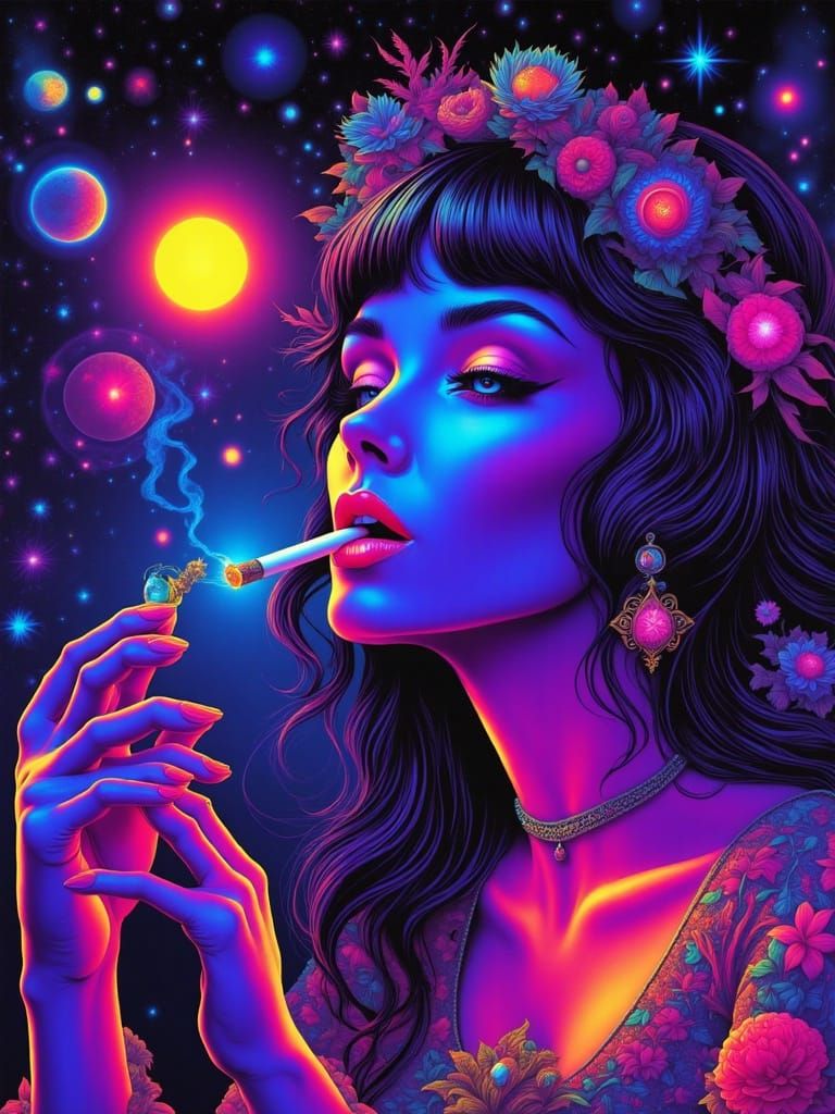 Neon Sci-Fi Art: Woman Lights Cigarette with Purple Lips