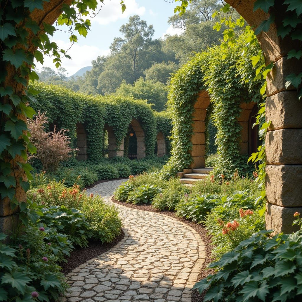 A Serene Photo-Realistic Garden with Cob Walls and Fruiting ...