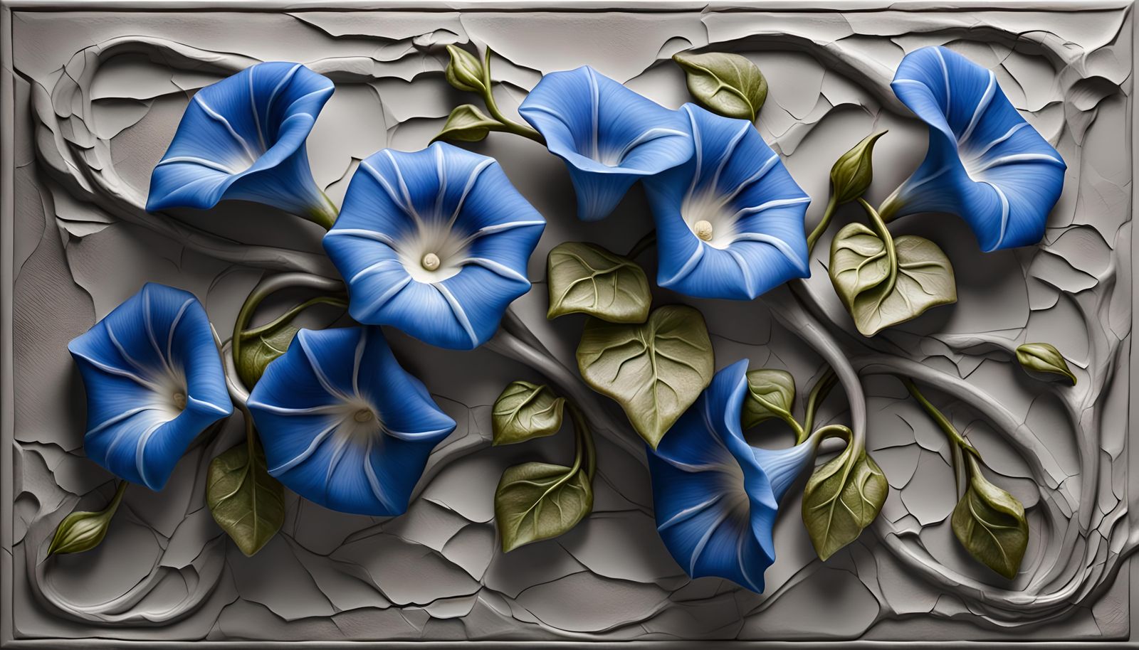 Morning Glories Bas Relief on Cracked Ceramic