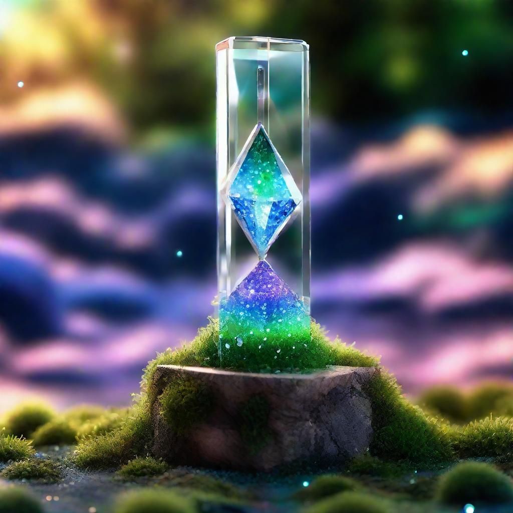 Crystal Metronome on Moss in Aurora Light: Digital Art