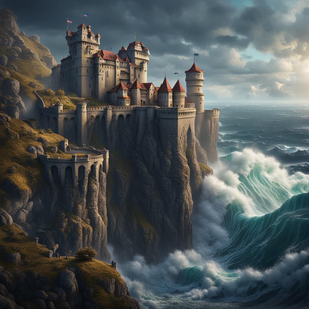 Grand Castle Overlooking Turbulent Sea: Fantasy Concept Art