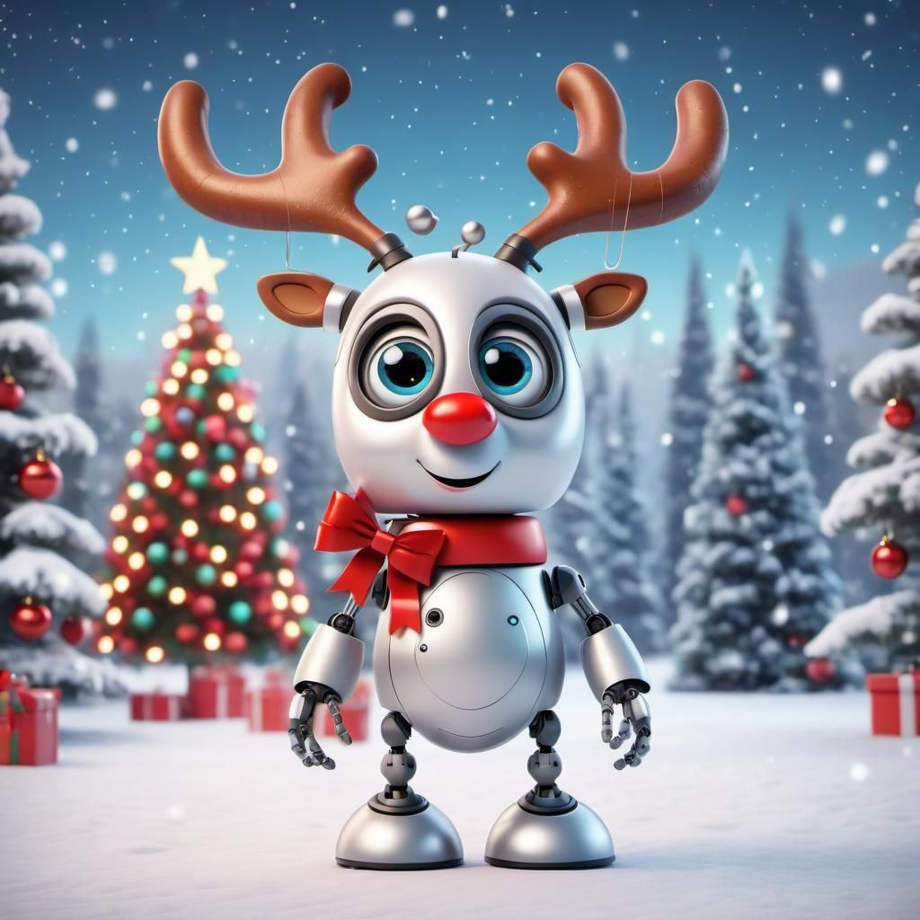 Disney Pixar style 3D character adorable robot reindeer, with big expressive eyes, wearing a big red bow and jingle bell...