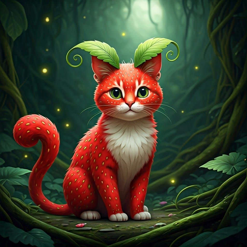 Whimsical Strawberry Cat in Dreamlike Fantasy Landscape