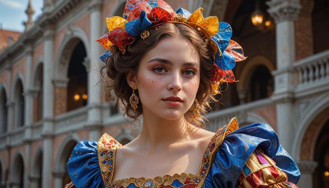 Hyper-Realistic Oil Painting of Woman in Harlequin Costume i...