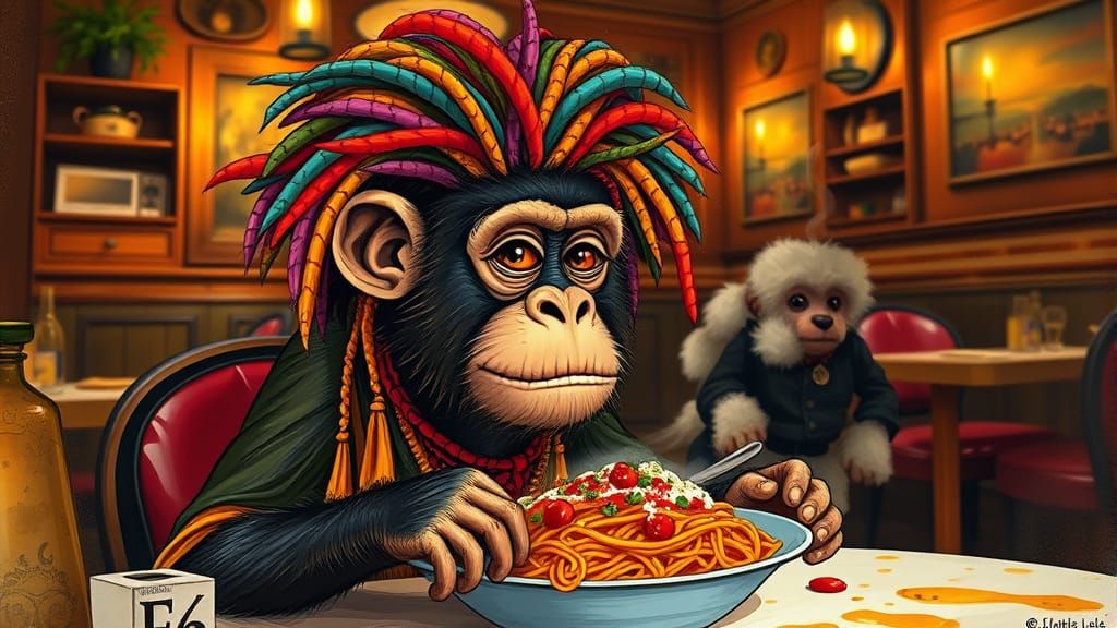 Vibrant Monkey Savoring Spaghetti in Cozy Trattoria