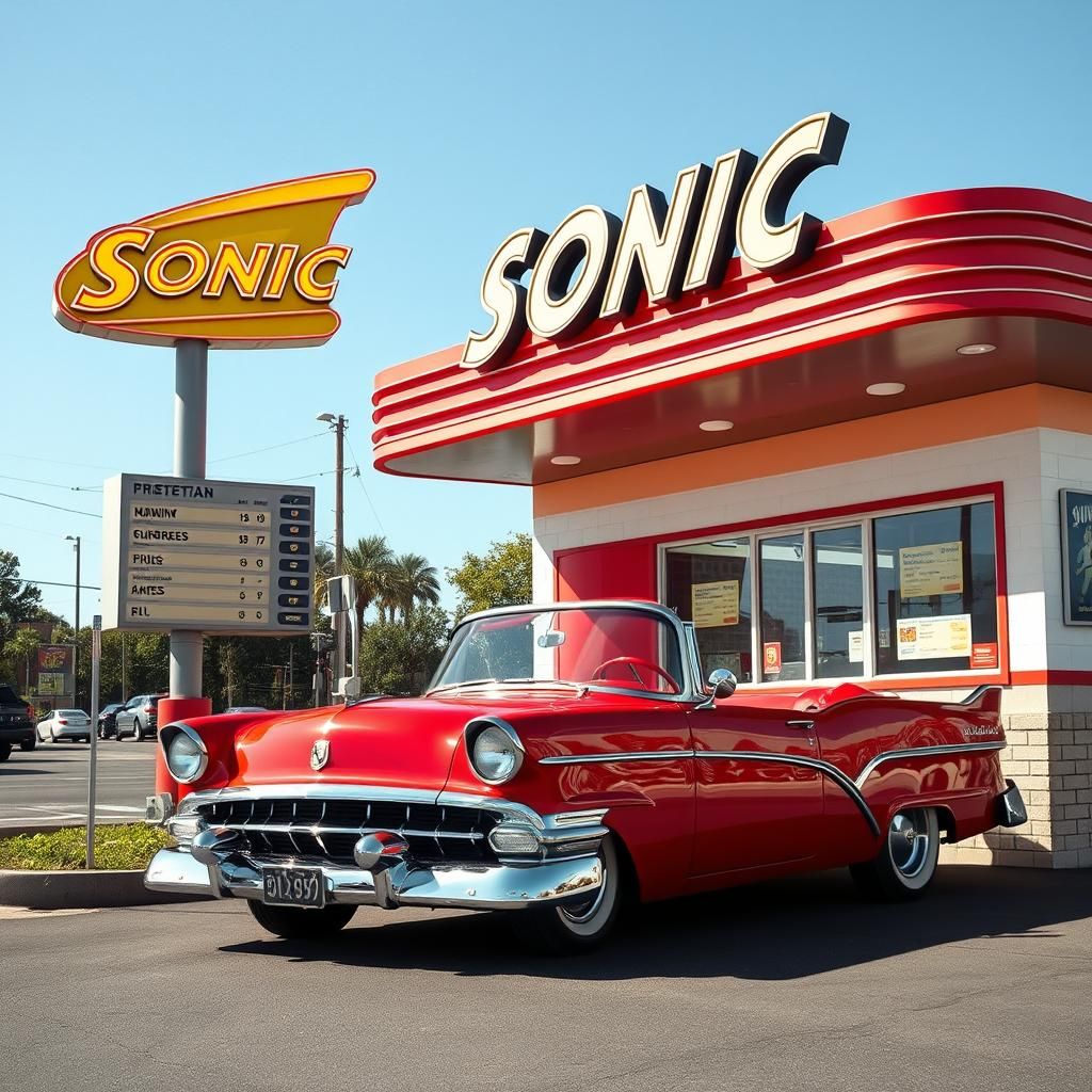 Vintage Retro Sonic Drive-Thru Scene in Retrowave Style