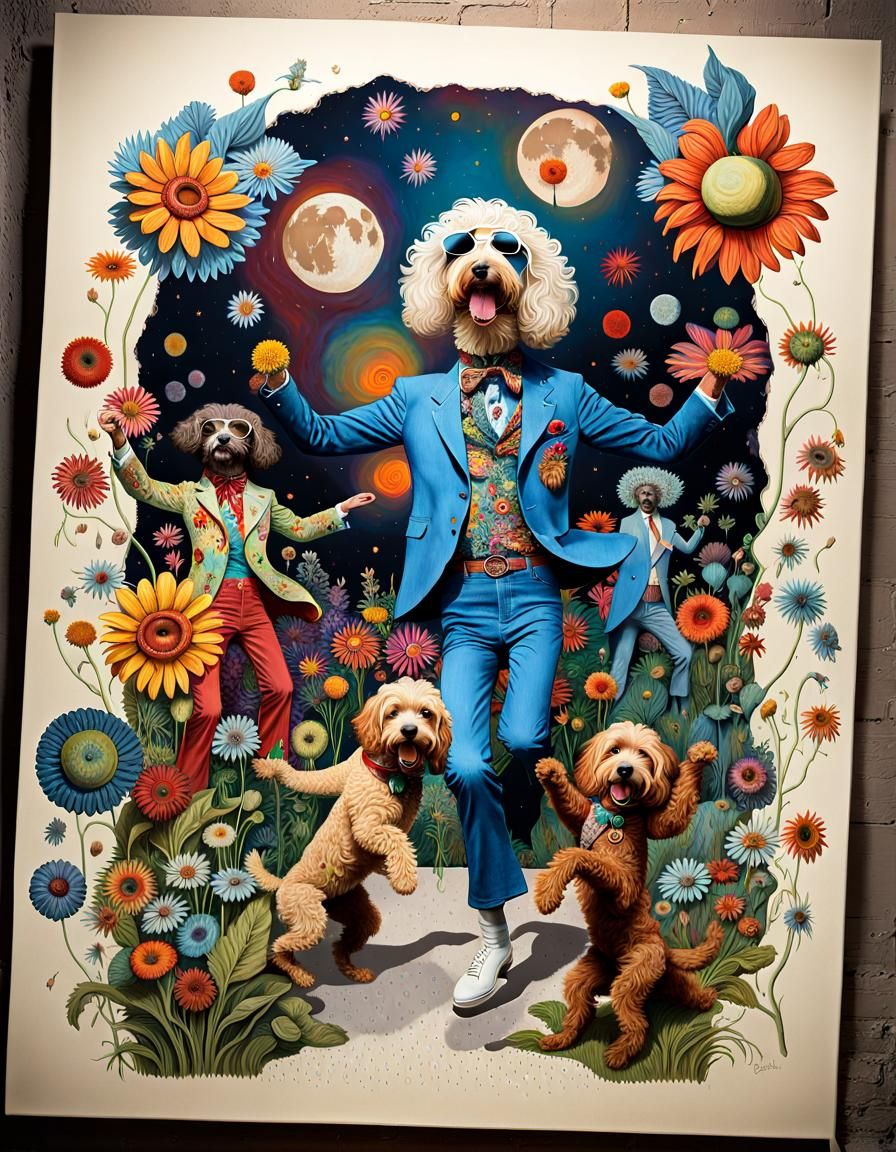 Anthropomorphic Labradoodles Celebrate the Moon as Oil Paint...
