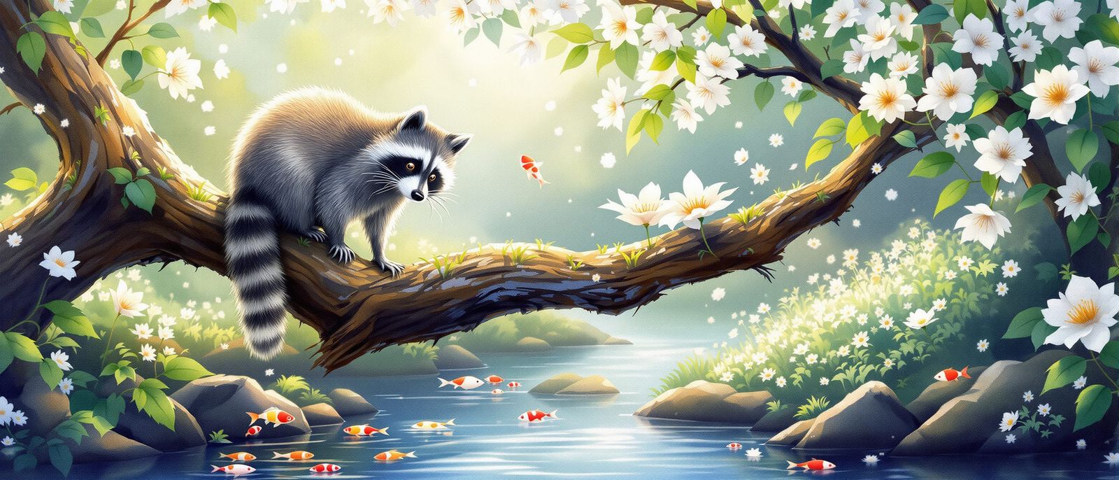 Elegant Racoon Climbs Branch in Whimsical Grove