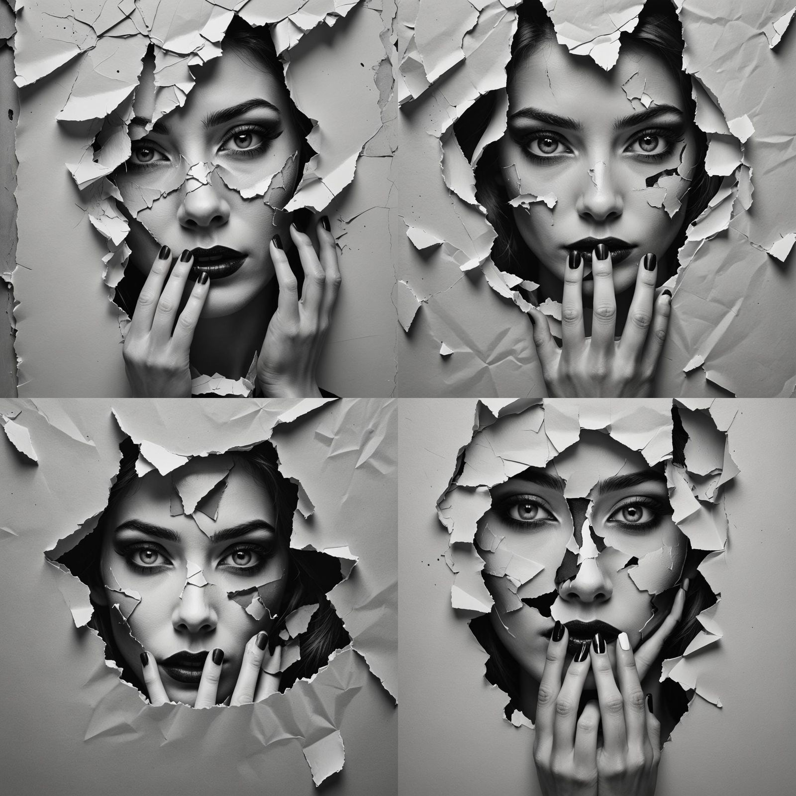 Woman's Mysterious Gaze Through Torn Paper Wall