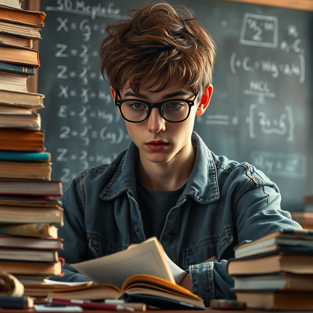 Intense Student Solving Equation in Futuristic Realism