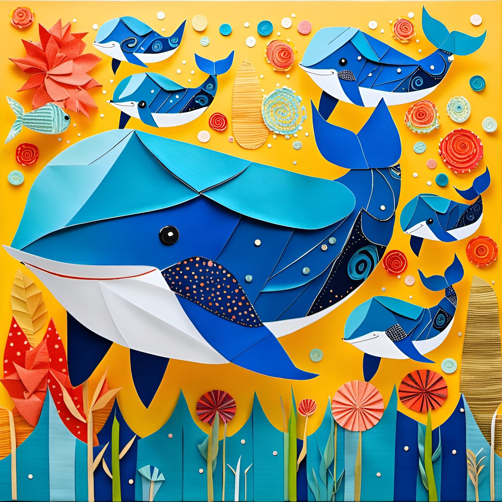 Origami Whales in Art Brut Style