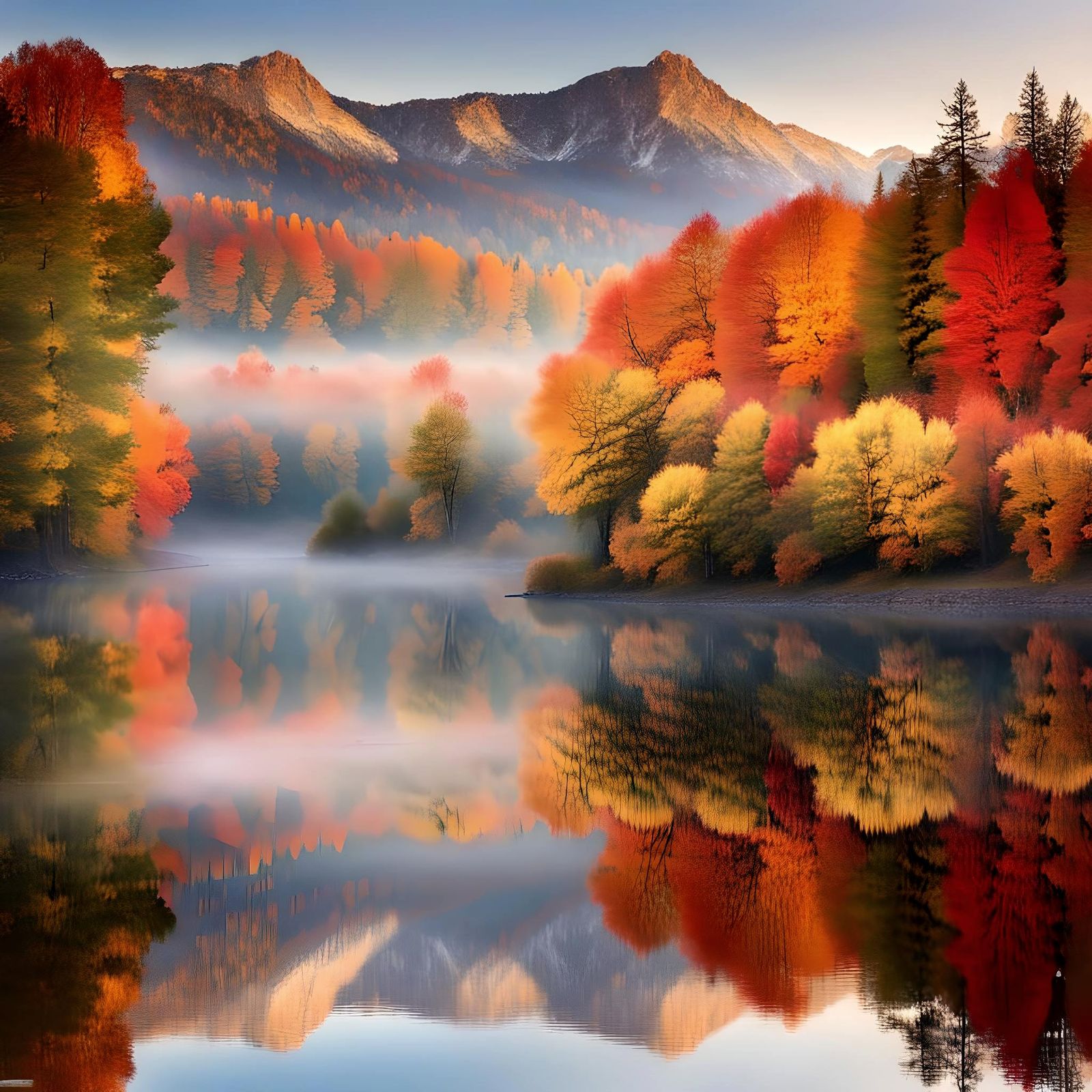 Misty Lake Sunrise Reflection in Autumn Colors
