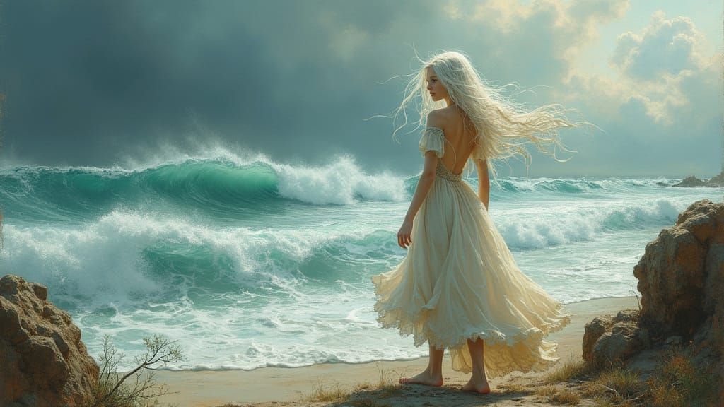 Nostalgic Oil Painting of Woman on Stormy Coastline