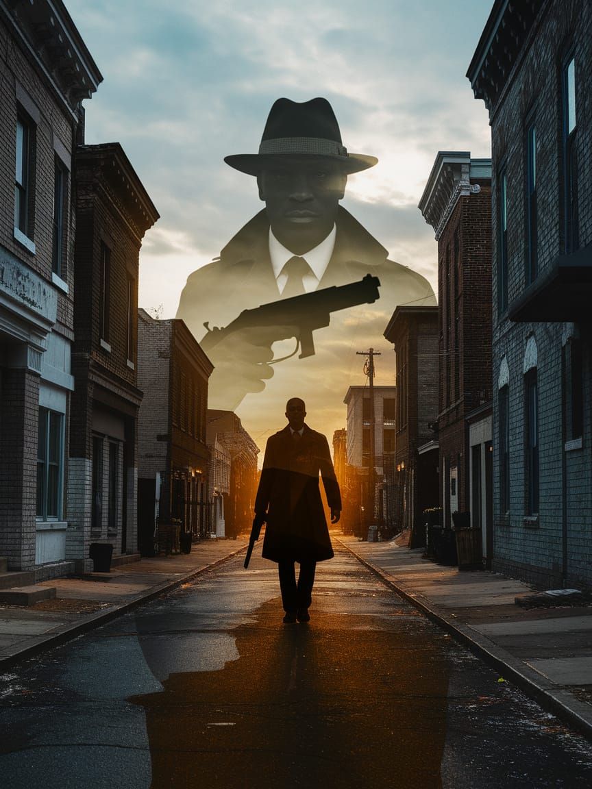 A stunning double exposure photograph by Yukisakura captures Omar Little’s haunting silhouette seamlessly interwoven wit...