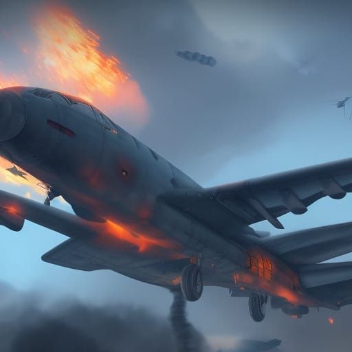 Fiery Warplane in Detailed Matte Painting