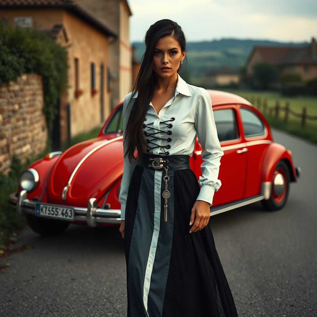 Elegant Woman Beside Vintage Volkswagen Beetle in European C...