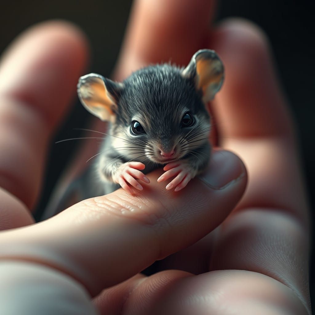 Surreal Whimsy: Delicate Mouse Finds Comfort in Gentle Hand