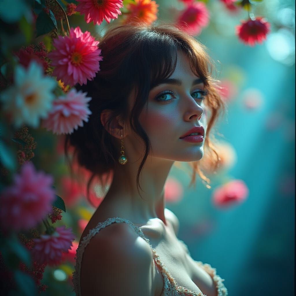Dramatic Woman with Blooms in Cinematic Lighting