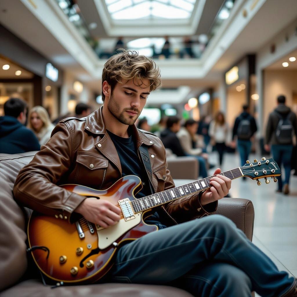 Man Playing Guitar in Crowded Mall, Photorealistic Style