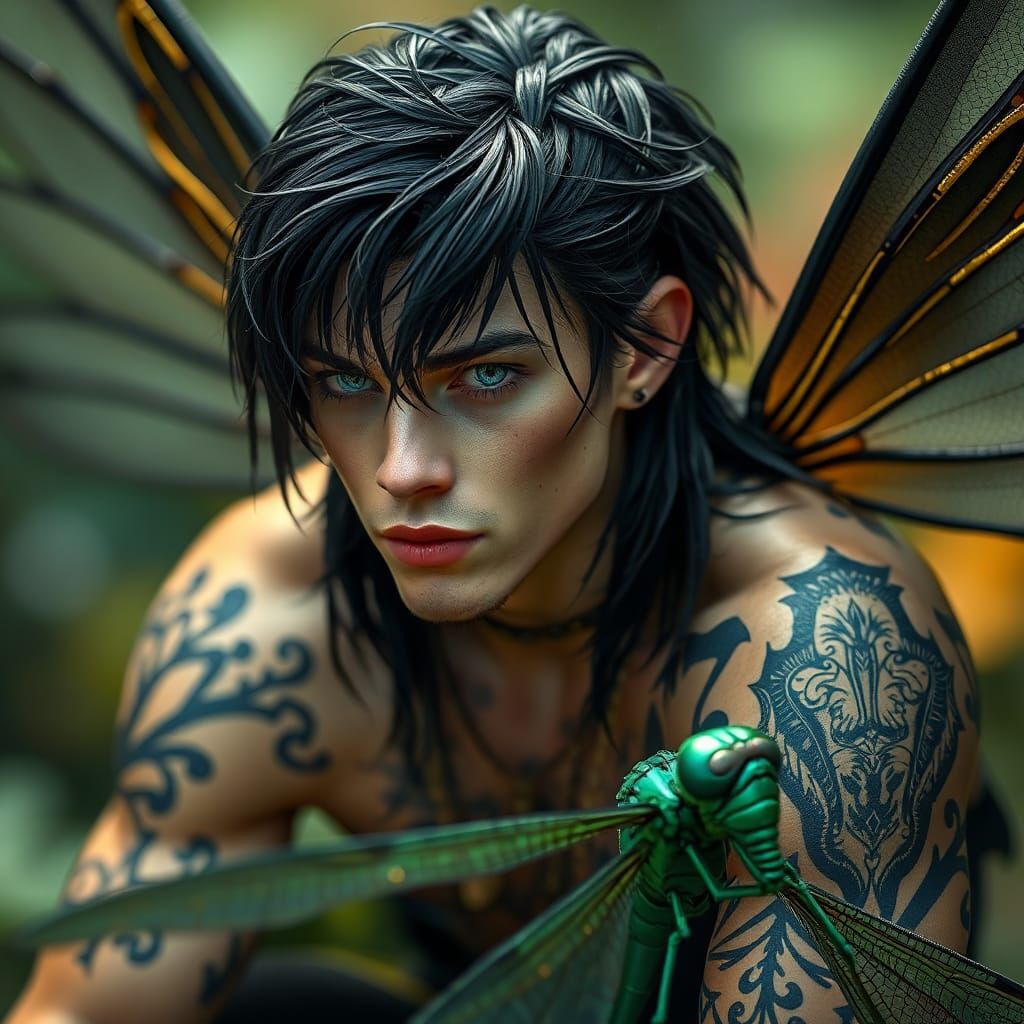 Handsome Fairy on Dragonfly: Hyperrealistic Macro Photograph