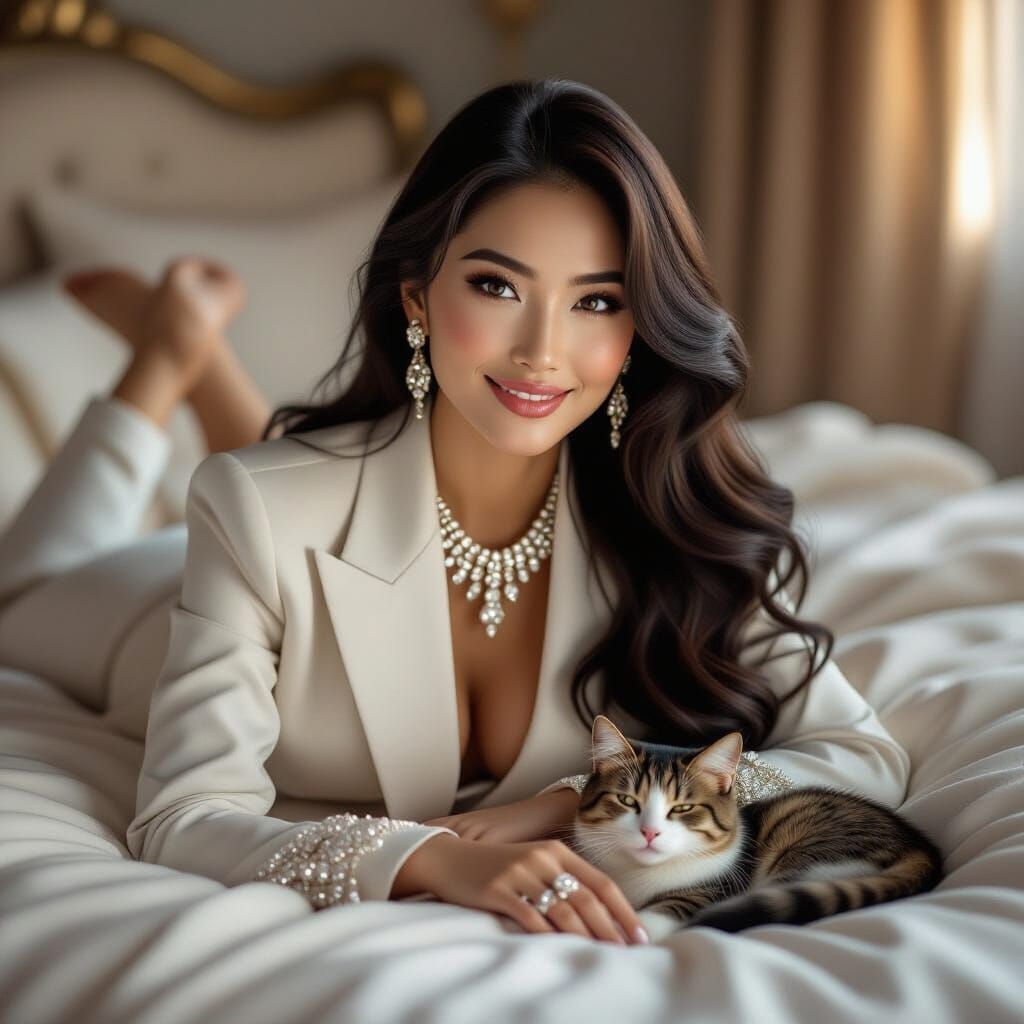 Asian Woman in Jewel-Encrusted Suit on Bed