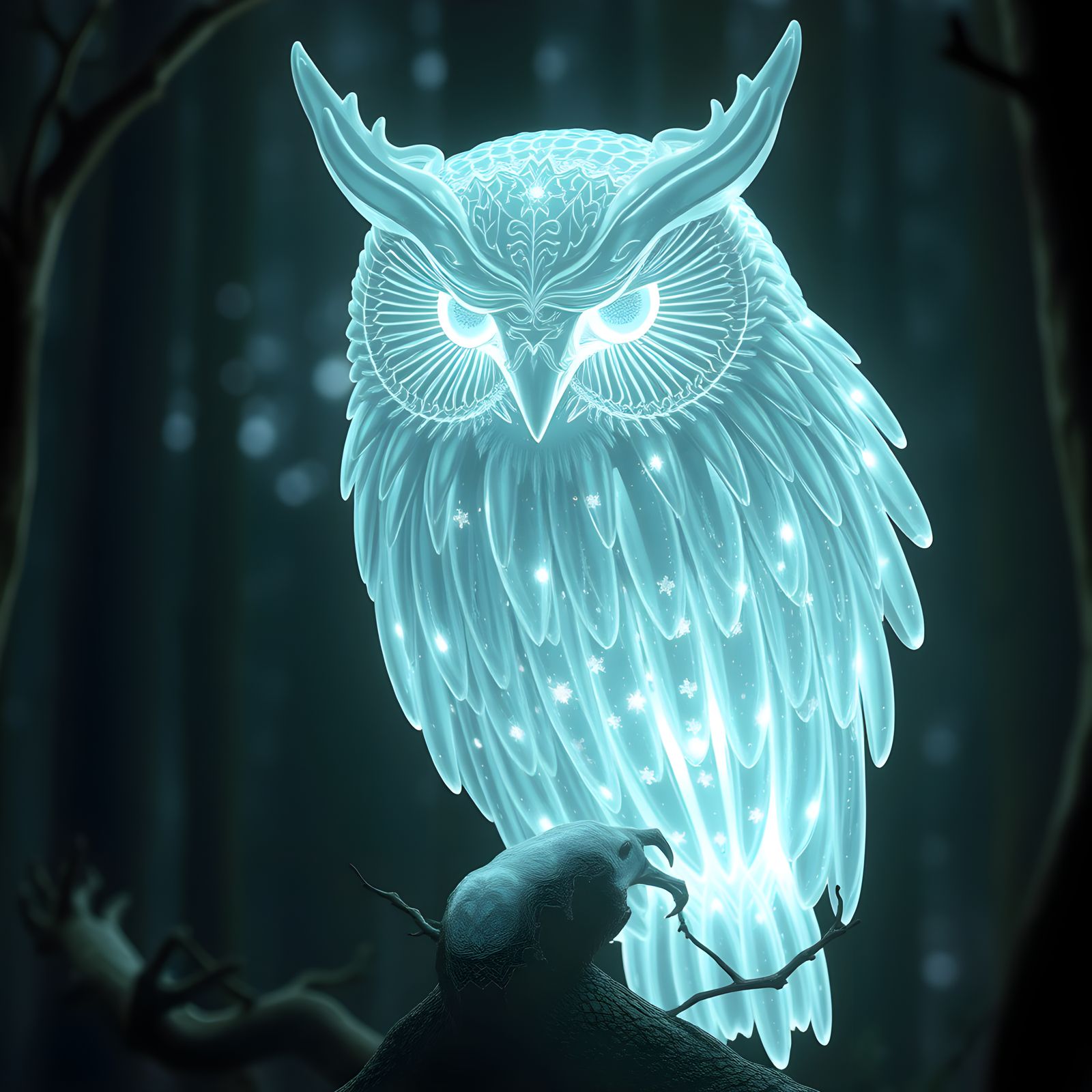 Luminous Ghost Owl Patronus in Dark Forest