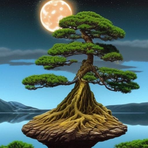 Golden Bonsai Tree in Lake at Night: Comic Book Art
