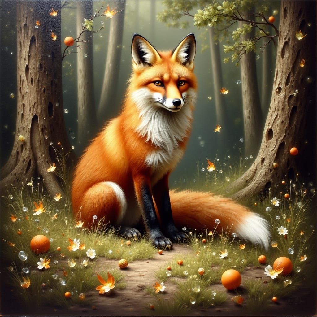 Fox in Forest Oil Painting with Impasto Strokes