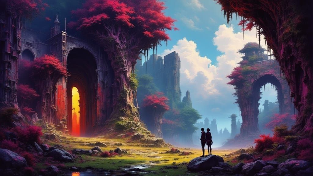 Fantasy Eden Landscape with Glowing Flora and Fauna